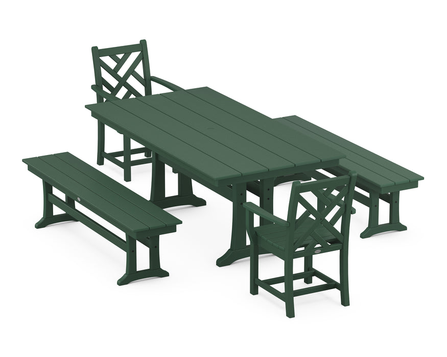 POLYWOOD Chippendale 5-Piece Farmhouse Dining Set With Trestle Legs in Green image