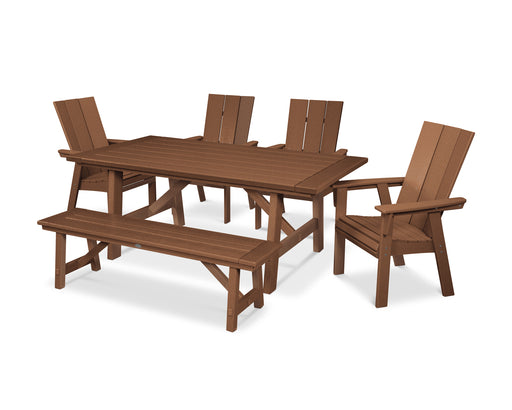 POLYWOOD Modern Curveback Adirondack 6-Piece Rustic Farmhouse Dining Set with Bench in Teak image