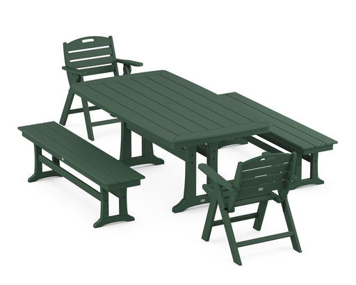 POLYWOOD Nautical Lowback Chair 5-Piece Dining Set with Trestle Legs and Benches in Green image