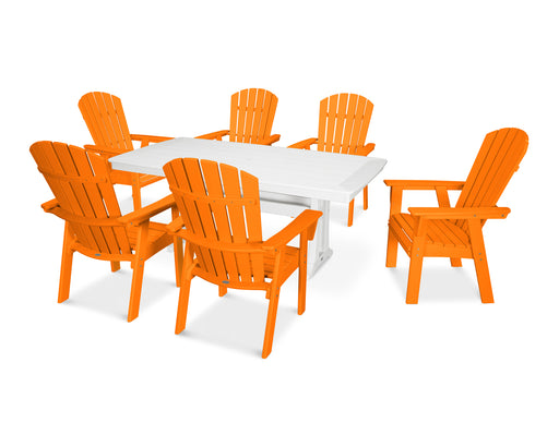 POLYWOOD Nautical Curveback Adirondack 7-Piece Dining Set with Trestle Legs in Tangerine / White image