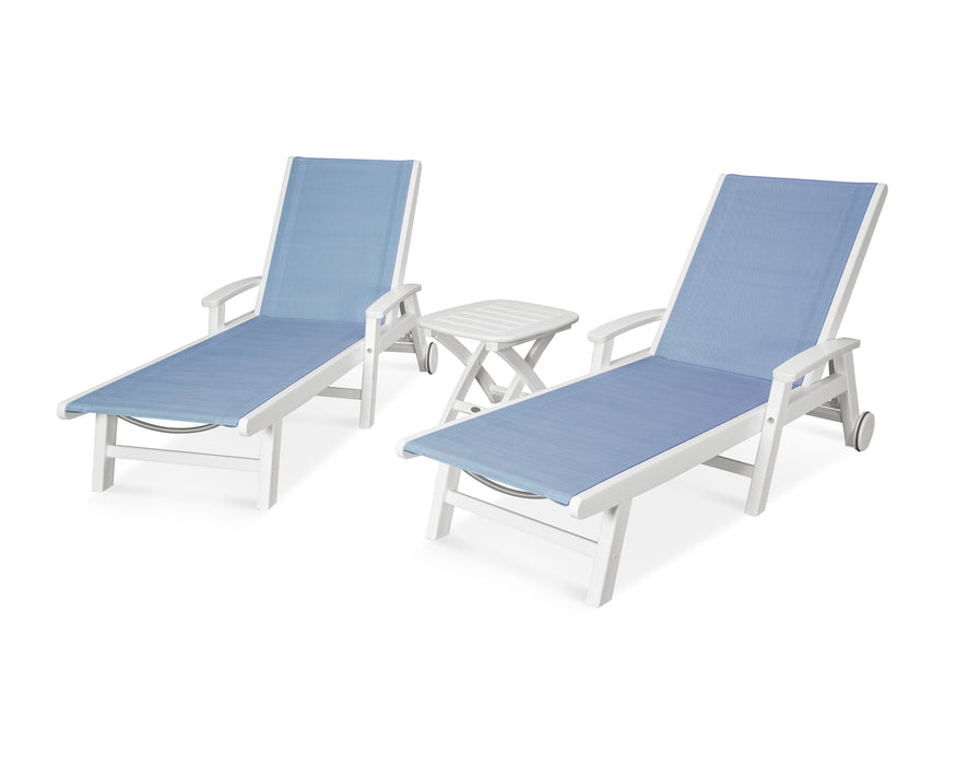 POLYWOOD Coastal 3-Piece Wheeled Chaise Set in White / Poolside Sling