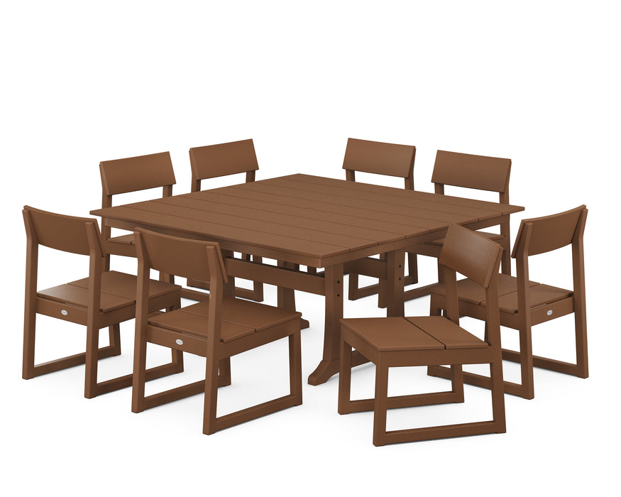 POLYWOOD EDGE 9-Piece Farmhouse Trestle Dining Set in Teak