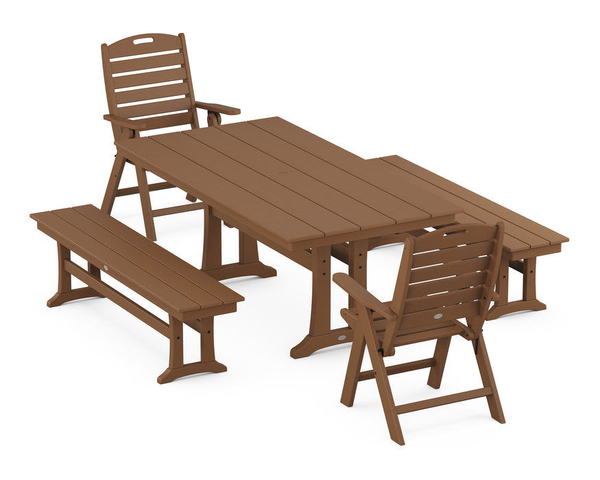 POLYWOOD Nautical Highback Chair 5-Piece Farmhouse Dining Set With Trestle Legs and Benches in Teak