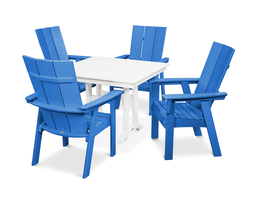 POLYWOOD Modern Curveback Adirondack 5-Piece Farmhouse Trestle Dining Set in Pacific Blue / White