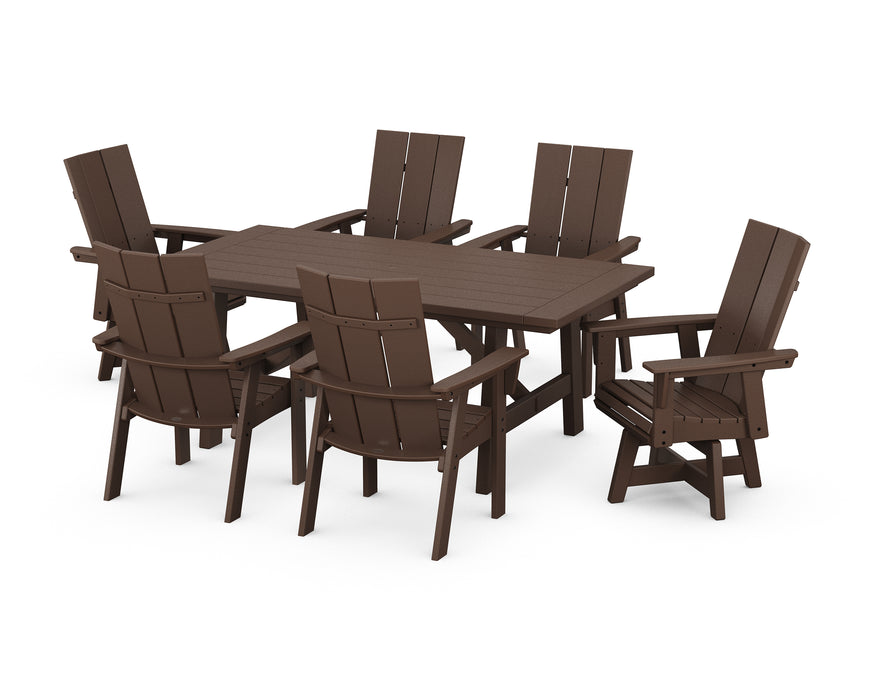 POLYWOOD Modern Curveback Adirondack 7-Piece Rustic Farmhouse Swivel Dining Set in Mahogany image