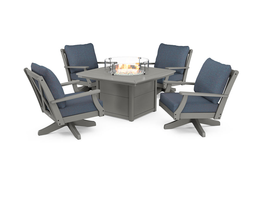 POLYWOOD Braxton 5-Piece Deep Seating Swivel Conversation Set with Fire Pit Table in Slate Grey / Sancy Denim image