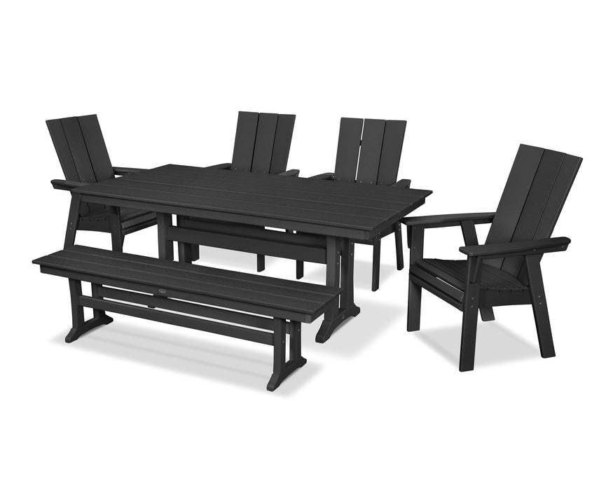 POLYWOOD Modern Curveback Adirondack 6-Piece Farmhouse Dining Set with Trestle Legs and Bench in Black image