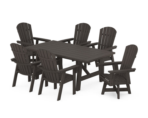 POLYWOOD Nautical Curveback Adirondack Swivel Chaie 7-Piece Rustic Farmhouse Dining Set in Vintage Coffee image