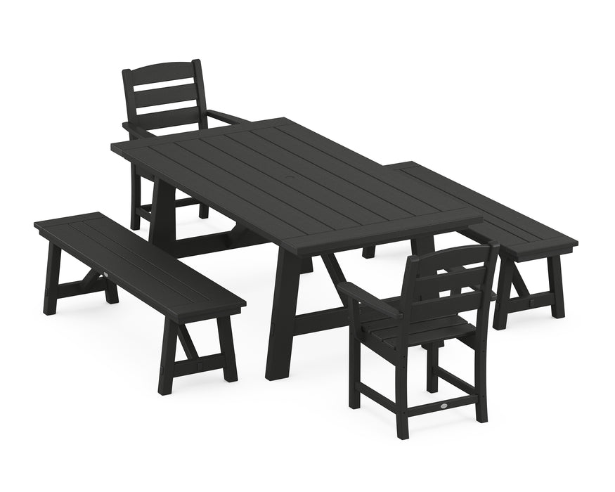 POLYWOOD Lakeside 5-Piece Rustic Farmhouse Dining Set With Benches in Black image