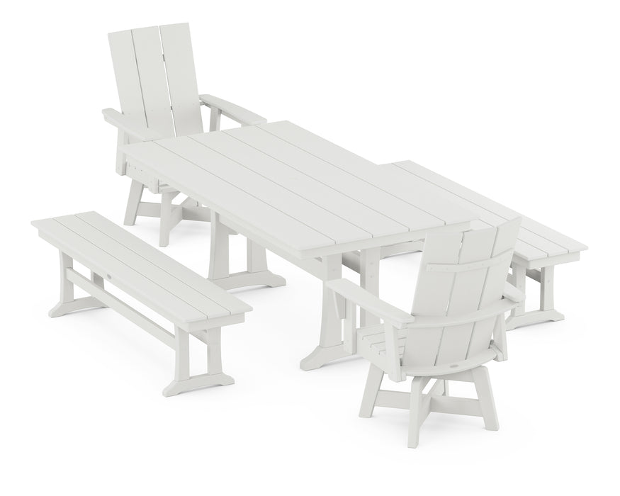 POLYWOOD Modern Curveback Adirondack Swivel Chair 5-Piece Farmhouse Dining Set With Trestle Legs and Benches in Vintage White image