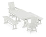 POLYWOOD Modern Curveback Adirondack Swivel Chair 5-Piece Farmhouse Dining Set With Trestle Legs and Benches in Vintage White image
