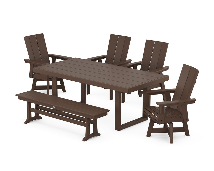 POLYWOOD Modern Curveback Adirondack Swivel Chair 6-Piece Dining Set with Bench in Mahogany image