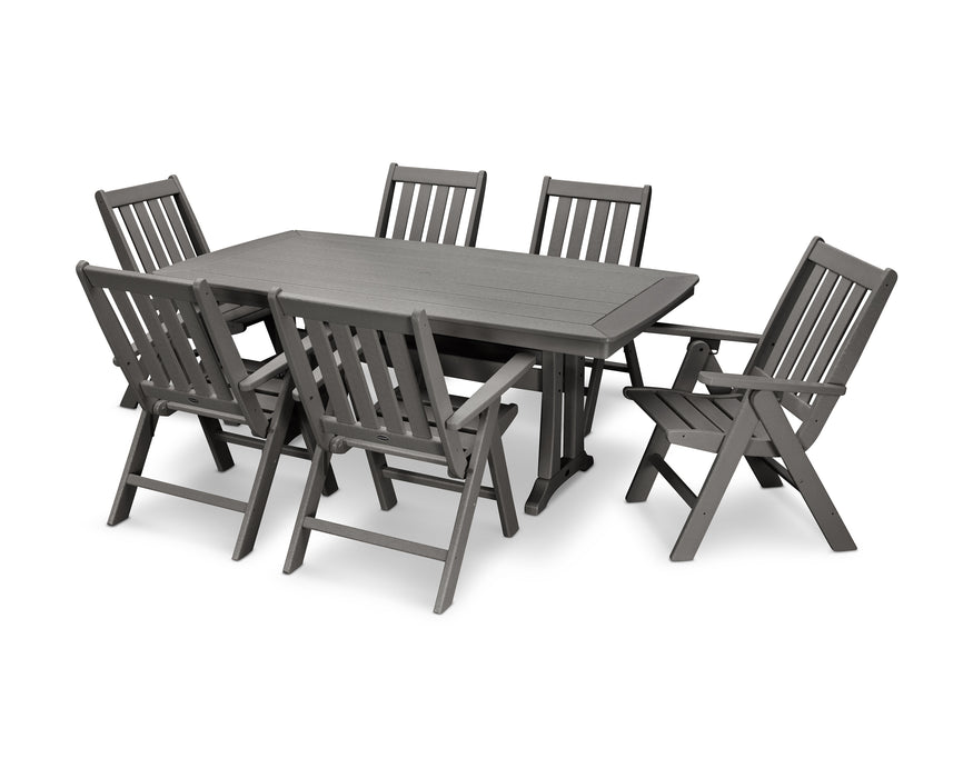 POLYWOOD Vineyard Folding Chair 7-Piece Nautical Dining Set with Trestle Legs in Slate Grey