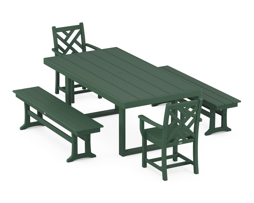 POLYWOOD Chippendale 5-Piece Dining Set with Benches in Green