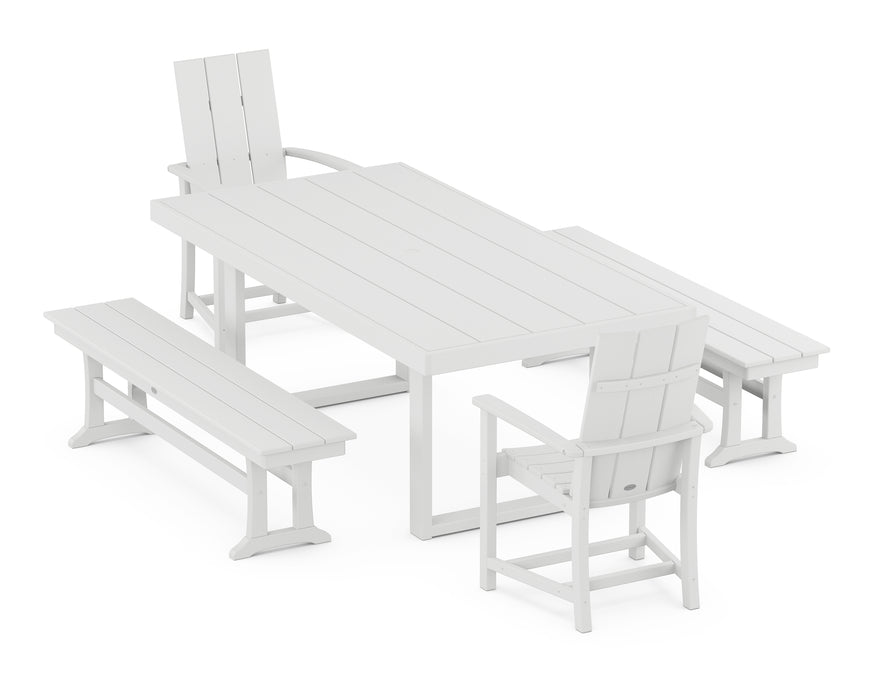 POLYWOOD Modern Adirondack 5-Piece Dining Set with Benches in White image