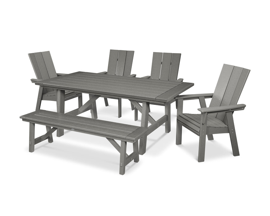 POLYWOOD Modern Curveback Adirondack 6-Piece Rustic Farmhouse Dining Set with Bench in Slate Grey image