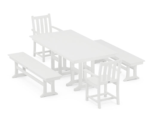 POLYWOOD Traditional Garden 5-Piece Farmhouse Dining Set with Benches in White image