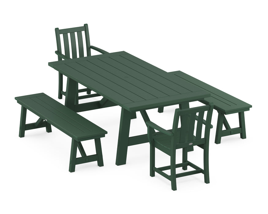 POLYWOOD Traditional Garden 5-Piece Rustic Farmhouse Dining Set With Benches in Green image