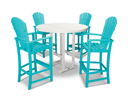 POLYWOOD Palm Coast 5-Piece Round Farmhouse Bar Set in Aruba / White image