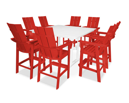 POLYWOOD Modern Curveback Adirondack 9-Piece Farmhouse Trestle Bar Set in Sunset Red / White image