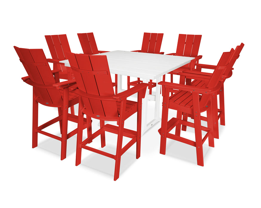 POLYWOOD Modern Curveback Adirondack 9-Piece Farmhouse Trestle Bar Set in Sunset Red / White