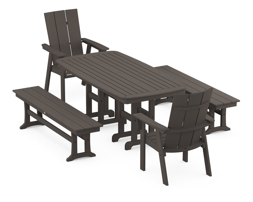 POLYWOOD Modern Curveback Adirondack 5-Piece Dining Set with Benches in Vintage Coffee