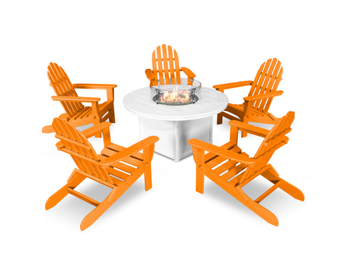 POLYWOOD Classic Folding Adirondack 6-Piece Conversation Set with Fire Pit Table in Tangerine / White image