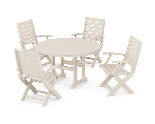 POLYWOOD Signature Folding Chair 5-Piece Round Farmhouse Dining Set in Sand image