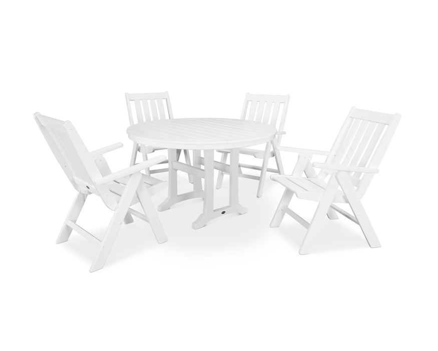 POLYWOOD Vineyard Folding Chair 5-Piece Round Dining Set with Trestle Legs in Vintage White