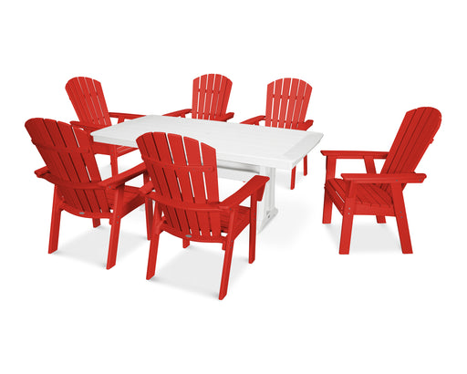 POLYWOOD Nautical Curveback Adirondack 7-Piece Dining Set with Trestle Legs in Sunset Red / White image