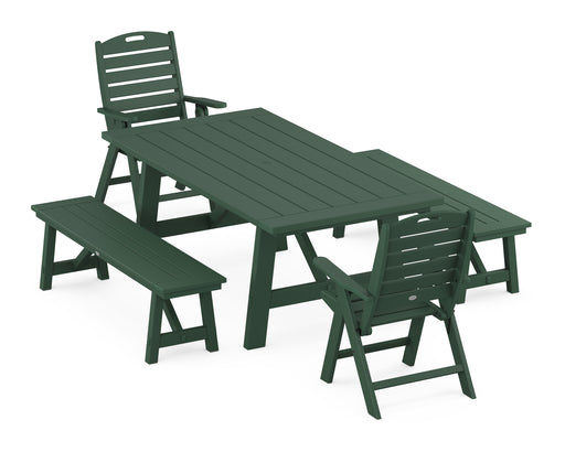 POLYWOOD Nautical Highback Chair 5-Piece Rustic Farmhouse Dining Set With Benches in Green image