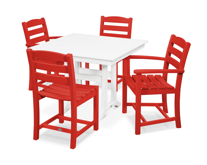 POLYWOOD La Casa Cafe 5-Piece Farmhouse Dining Set with Trestle Legs in Sunset Red / White