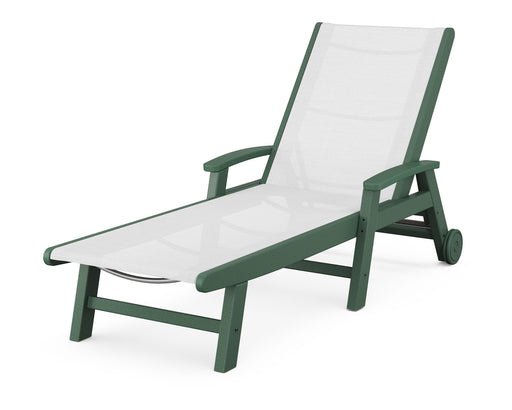 POLYWOOD Coastal Chaise with Wheels in Green / White Sling image