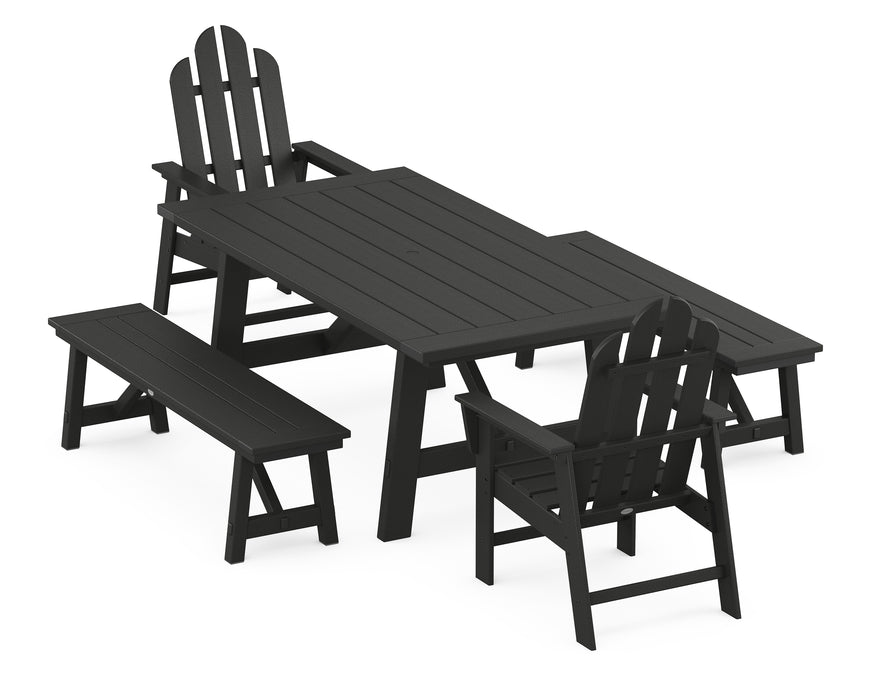 POLYWOOD Long Island 5-Piece Rustic Farmhouse Dining Set With Benches in Black