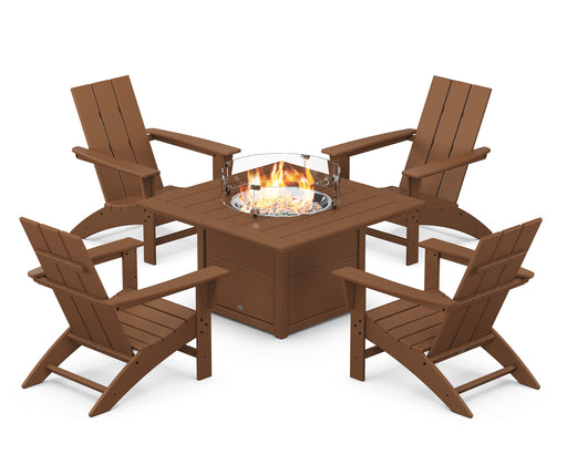 POLYWOOD Modern 5-Piece Adirondack Chair Conversation Set with Fire Pit Table in Teak image