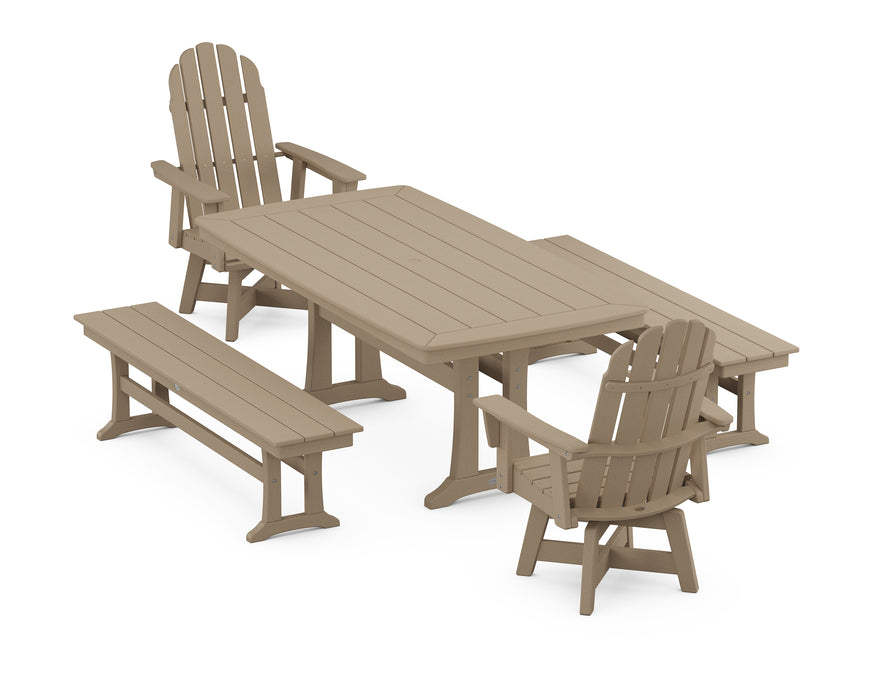 POLYWOOD Vineyard Adirondack Swivel Chair 5-Piece Dining Set with Trestle Legs and Benches in Vintage Sahara