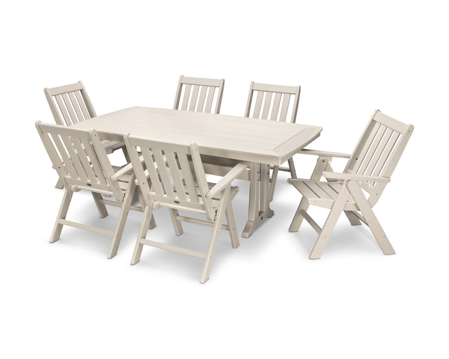 POLYWOOD Vineyard Folding Chair 7-Piece Nautical Dining Set with Trestle Legs in Sand