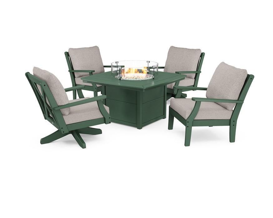 POLYWOOD Braxton 5-Piece Deep Seating Set with Fire Table in Green / Weathered Tweed