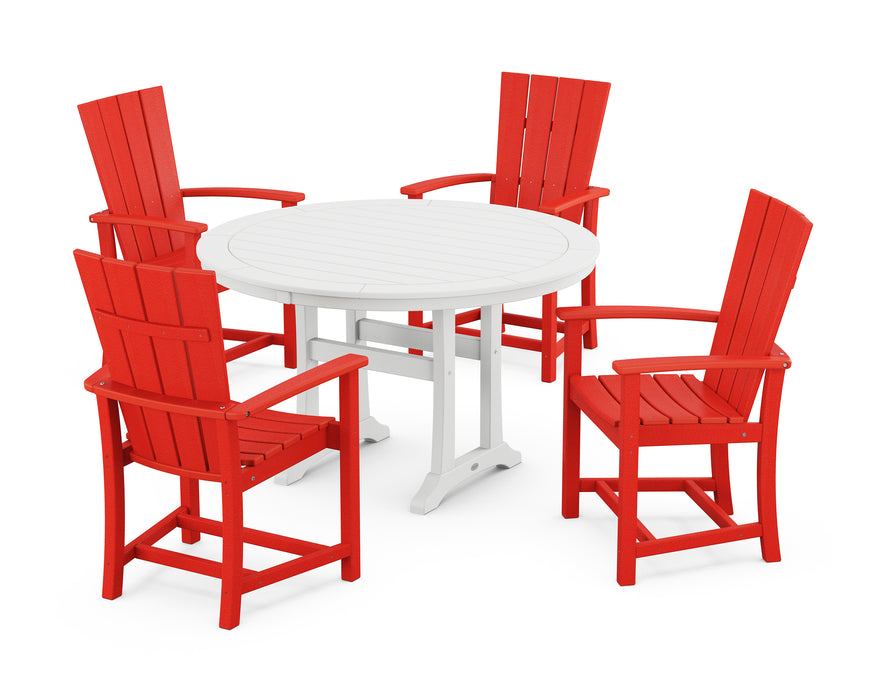 POLYWOOD Quattro 5-Piece Round Dining Set with Trestle Legs in Sunset Red / White