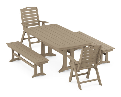 POLYWOOD Nautical Highback Chair 5-Piece Dining Set with Trestle Legs and Benches in Vintage Sahara image