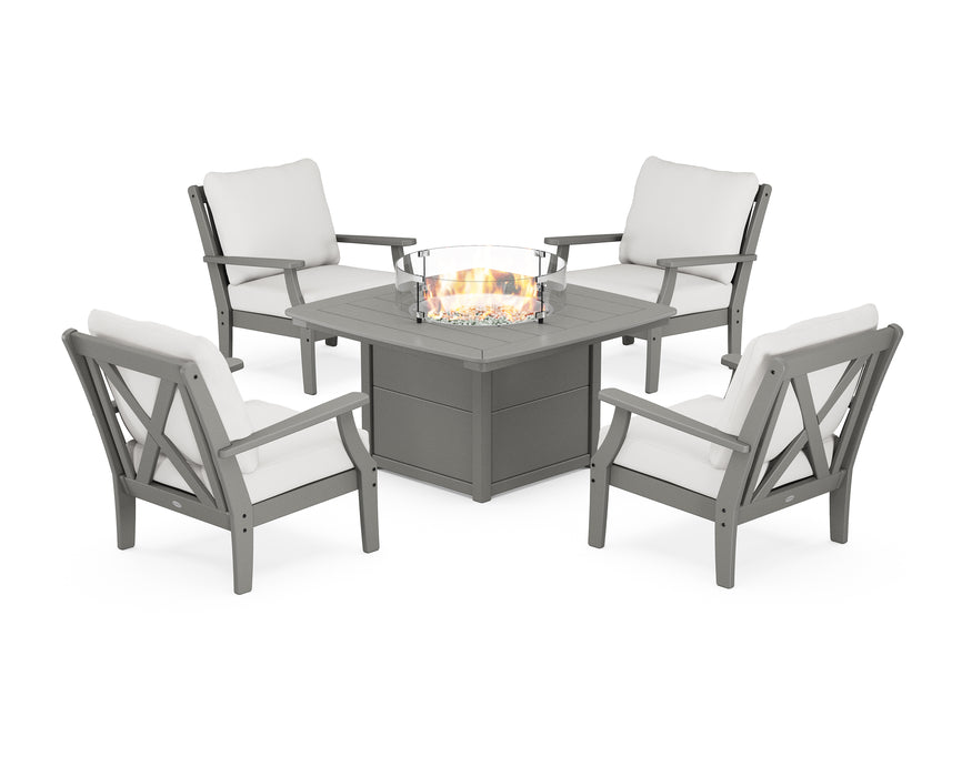 POLYWOOD Braxton 5-Piece Deep Seating Conversation Set with Fire Pit Table in Slate Grey / Natural Linen image