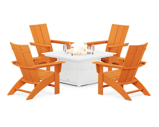 POLYWOOD Modern Curveback Adirondack 5-Piece Conversation Set with Fire Pit Table in Tangerine / White image