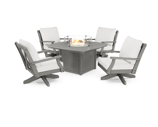 POLYWOOD Braxton 5-Piece Deep Seating Swivel Conversation Set with Fire Pit Table in Slate Grey / Natural Linen image