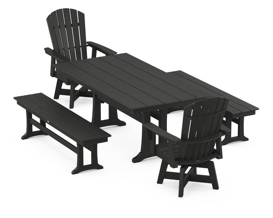 POLYWOOD Nautical Curveback Adirondack Swivel Chair 5-Piece Farmhouse Dining Set With Trestle Legs and Benches in Black image