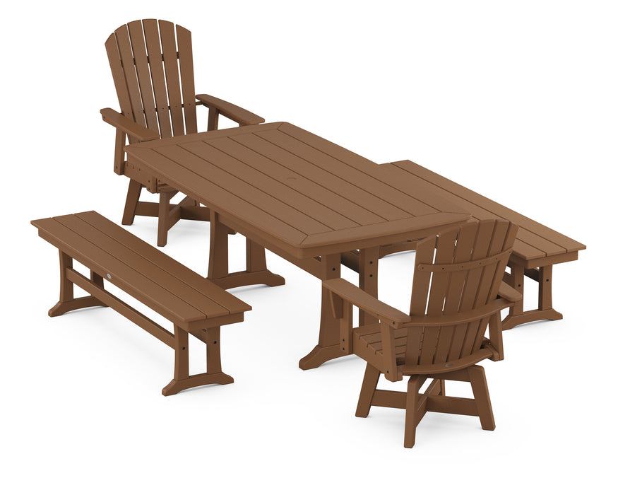 POLYWOOD Nautical Curveback Adirondack Swivel Chair 5-Piece Dining Set with Trestle Legs and Benches in Teak