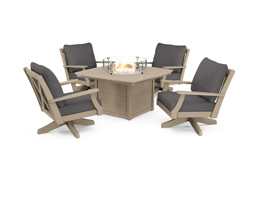 POLYWOOD Braxton 5-Piece Deep Seating Swivel Conversation Set with Fire Pit Table in Vintage Sahara / Ash Charcoal image