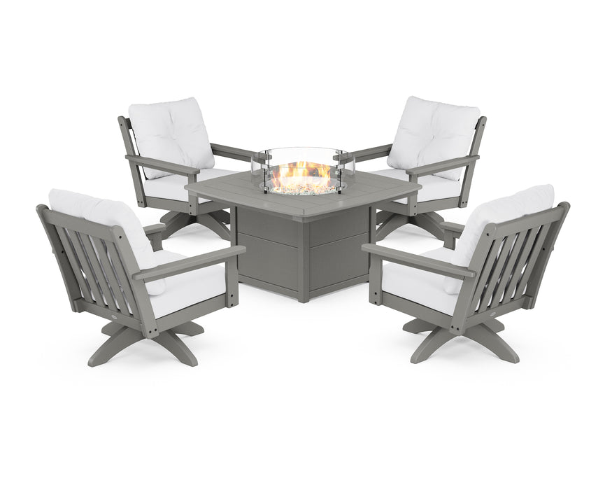 POLYWOOD Vineyard 5-Piece Deep Seating Swivel Conversation Set with Fire Pit Table in Slate Grey / Natural