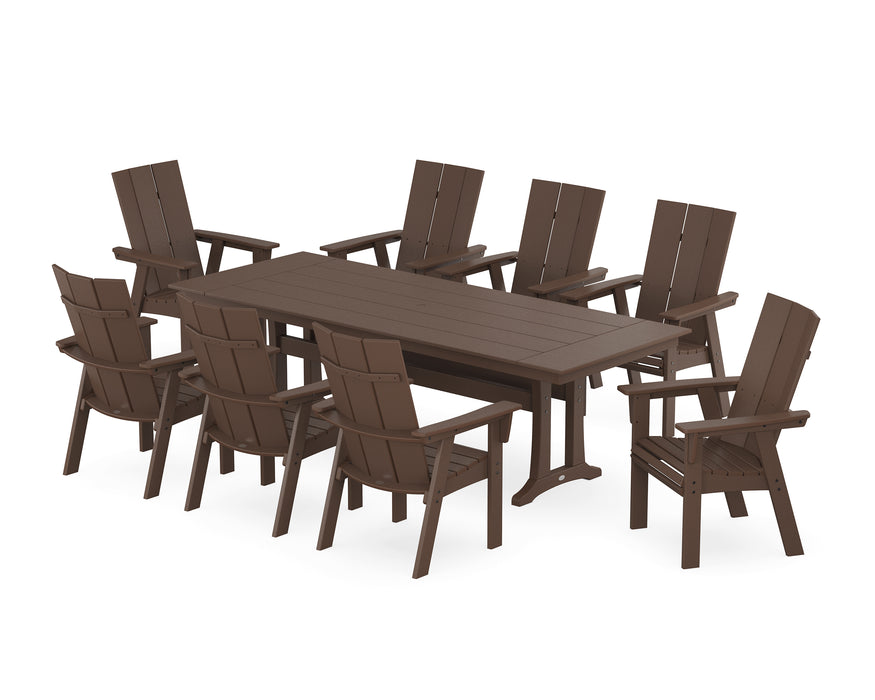 POLYWOOD Modern Curveback Adirondack 9-Piece Farmhouse Dining Set with Trestle Legs in Mahogany