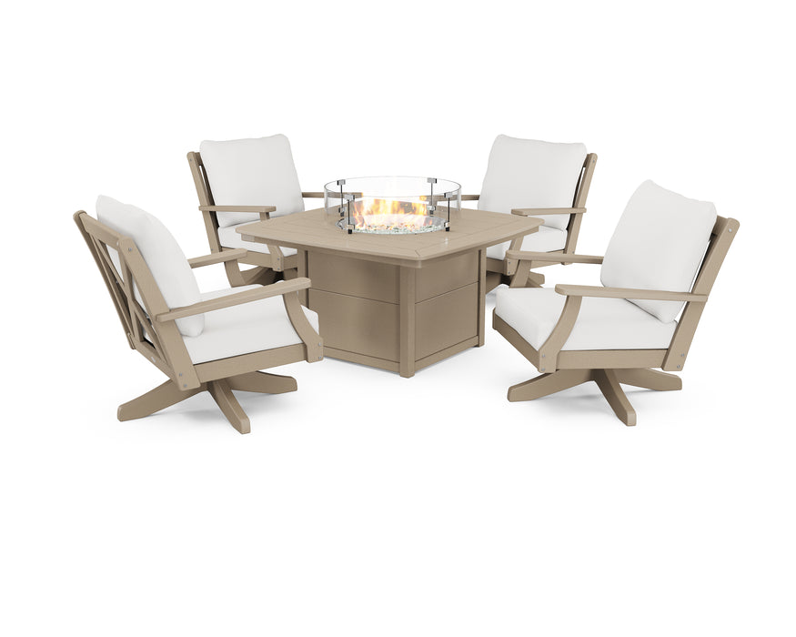 POLYWOOD Braxton 5-Piece Deep Seating Swivel Conversation Set with Fire Pit Table in Vintage Sahara / Natural Linen image