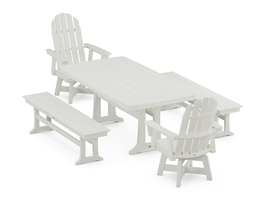 POLYWOOD Vineyard Adirondack Swivel Chair 5-Piece Dining Set with Trestle Legs and Benches in Vintage White